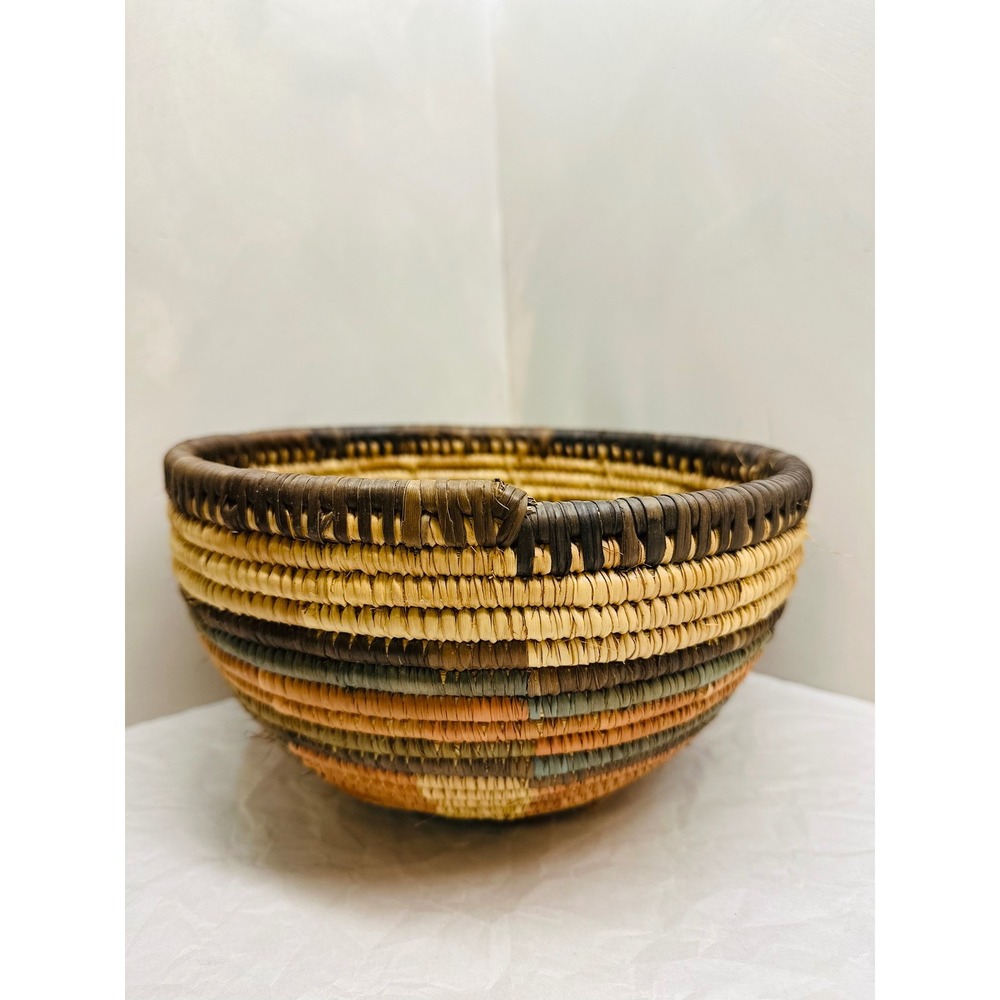 Handwoven Vintage African Tribal Woven Coil Basket Bowl 9.5x5.5" Boho